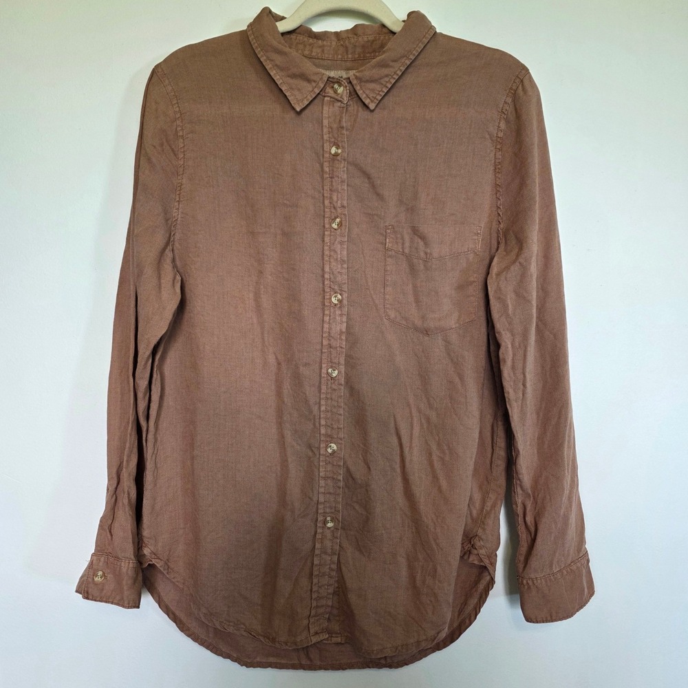 Thread & Supply Women XL Mocha Brown Linen Blend Button Down Shirt Pocket